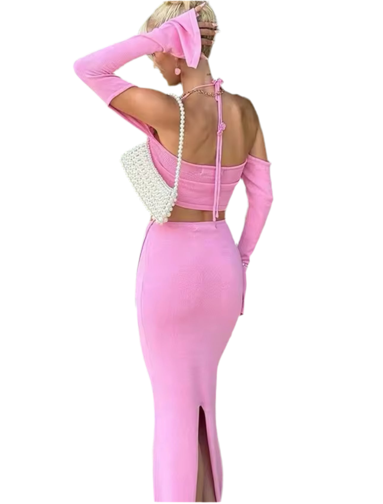 Pink Crop Halter Twist Top & Skirt Set