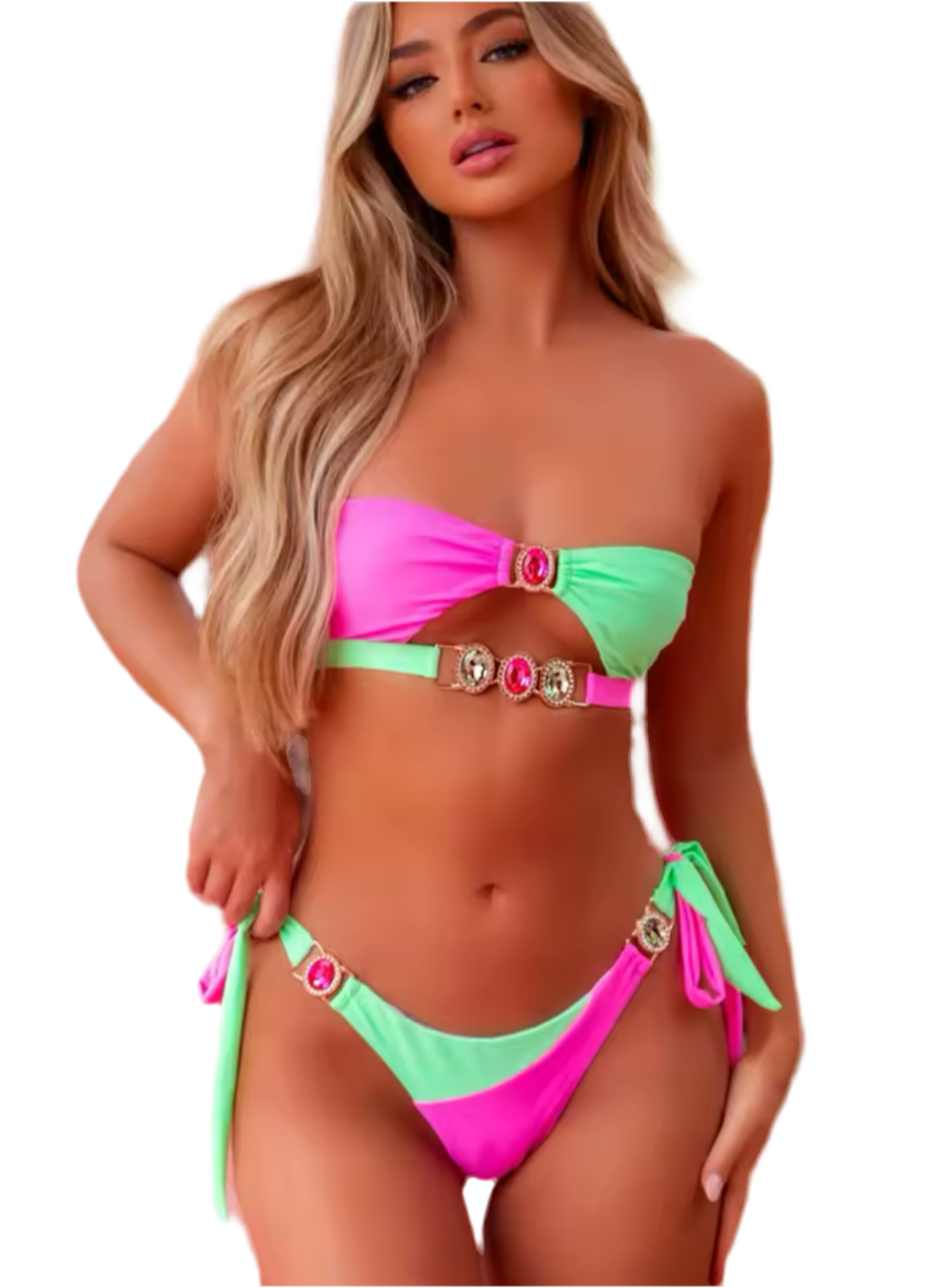Blossom Bandeau Bikini Set - Pink & Green