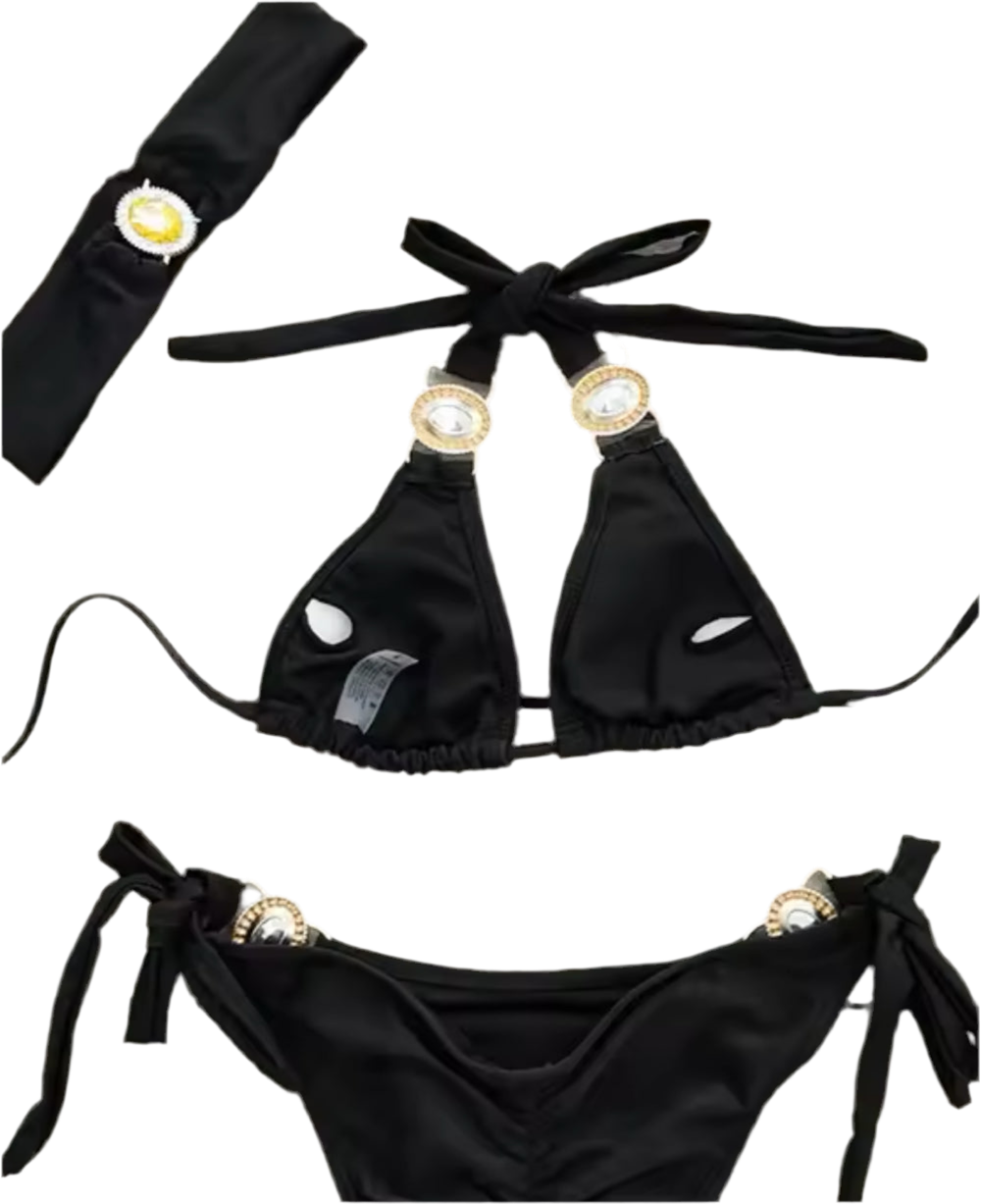 Black Blossom Bikini & Headband Three piece Set