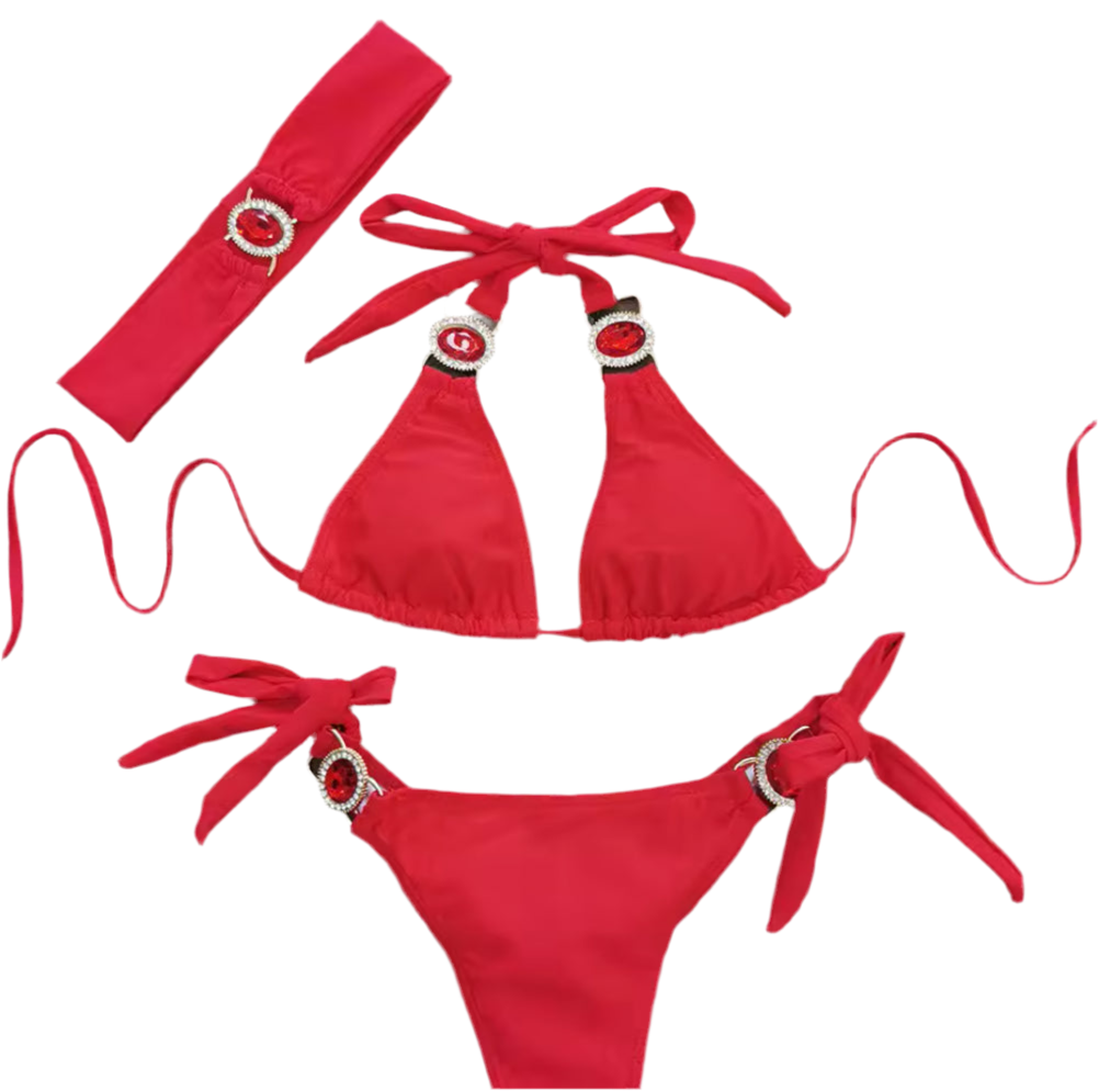 Red Blossom Bikini & Headband Three piece Set