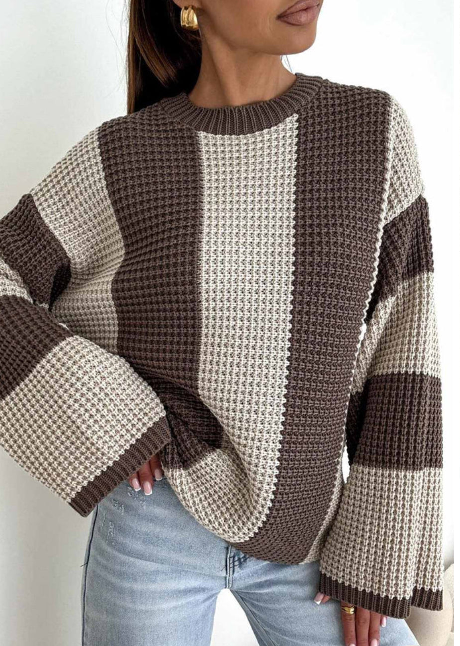 Raye Striped Wide Sleeve Knitted Jumper - Stone