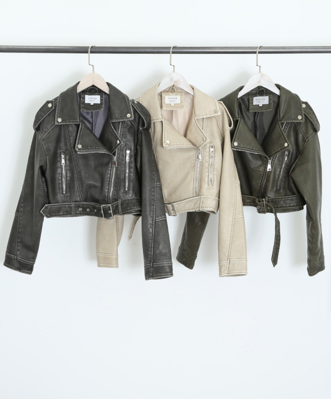 Elena Faux Leather Belted Cropped Biker Jacket
