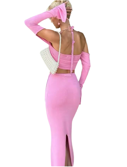 Pink Crop Halter Twist Top & Skirt Set