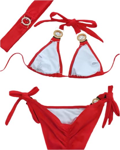 Red Blossom Bikini & Headband Three piece Set
