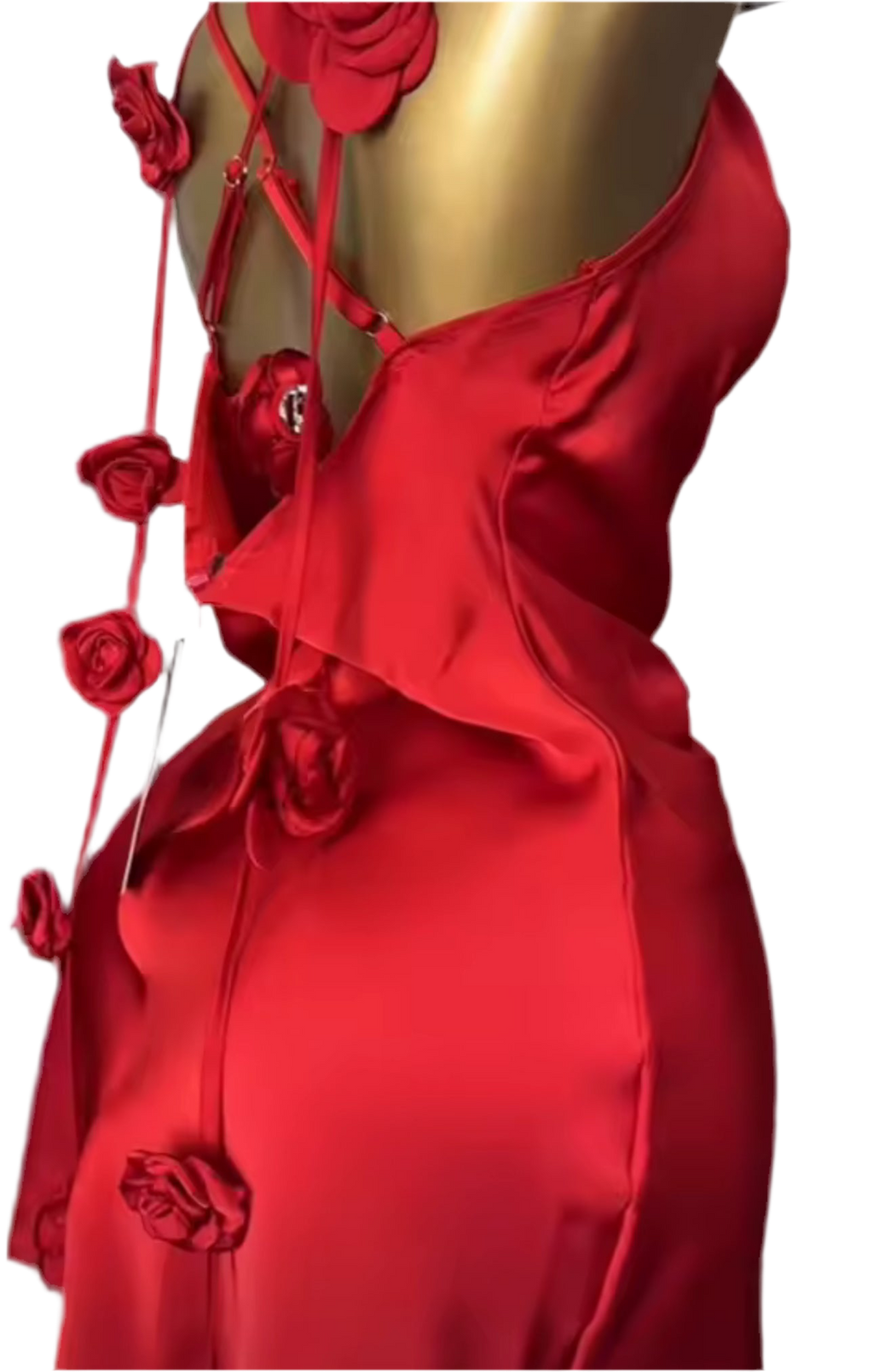 Red Angelina Satin Flower Back Maxi Dress