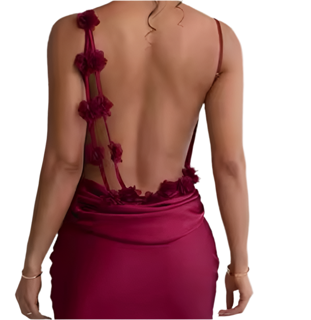 Wine Angelina Satin Flower Back Maxi Dress