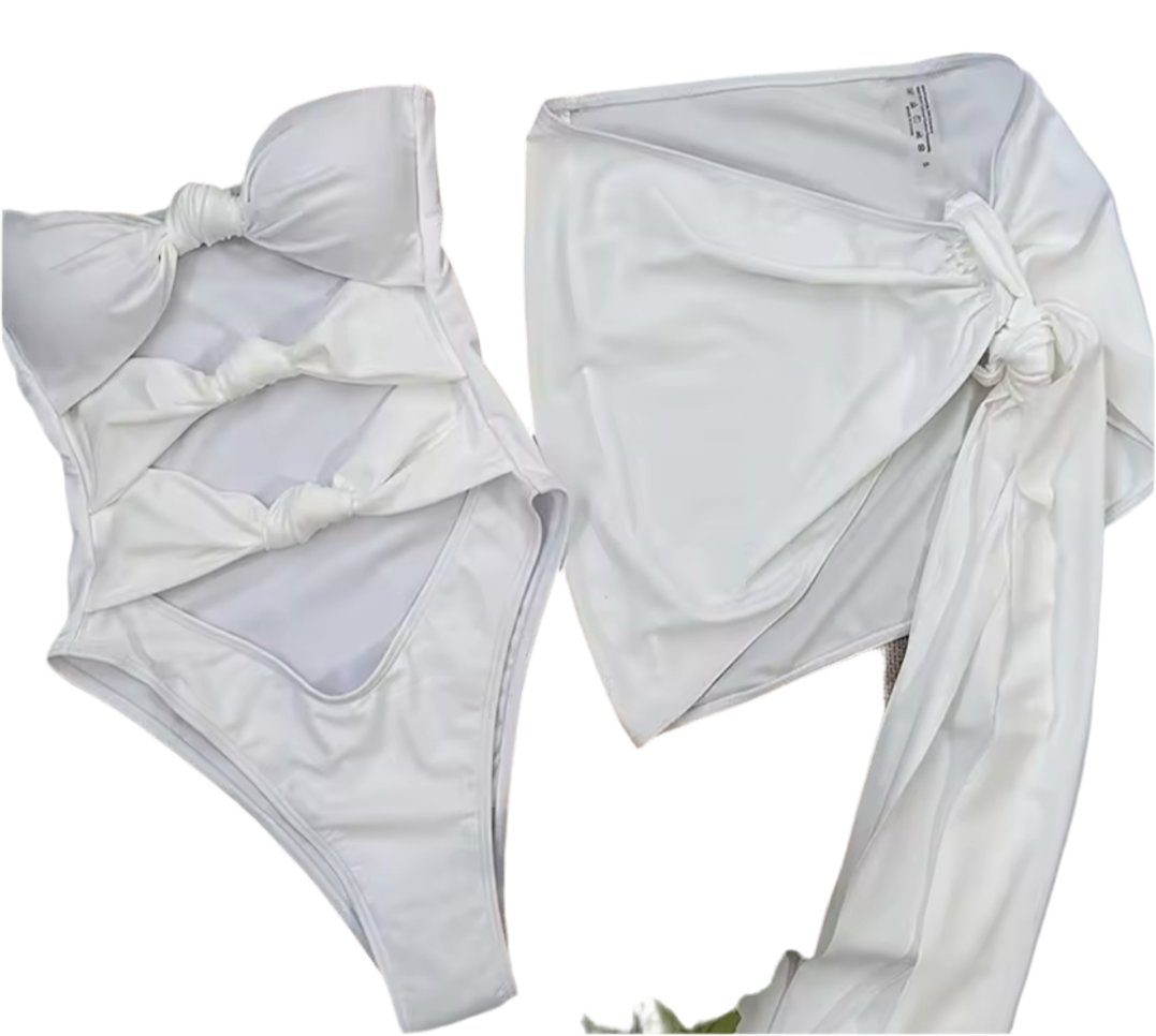 Ava White Swimsuit & Cover up Skirt Set