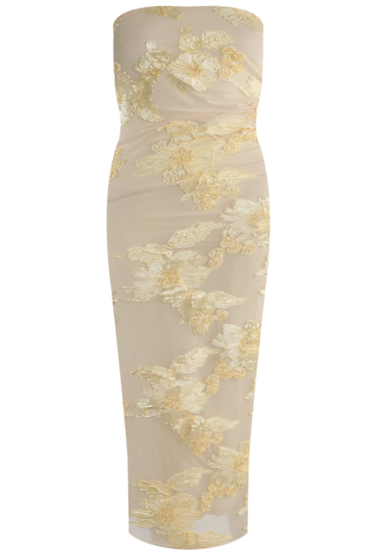 Indie Luxe Bandeau Flower Mesh Sleeve Midi Dress