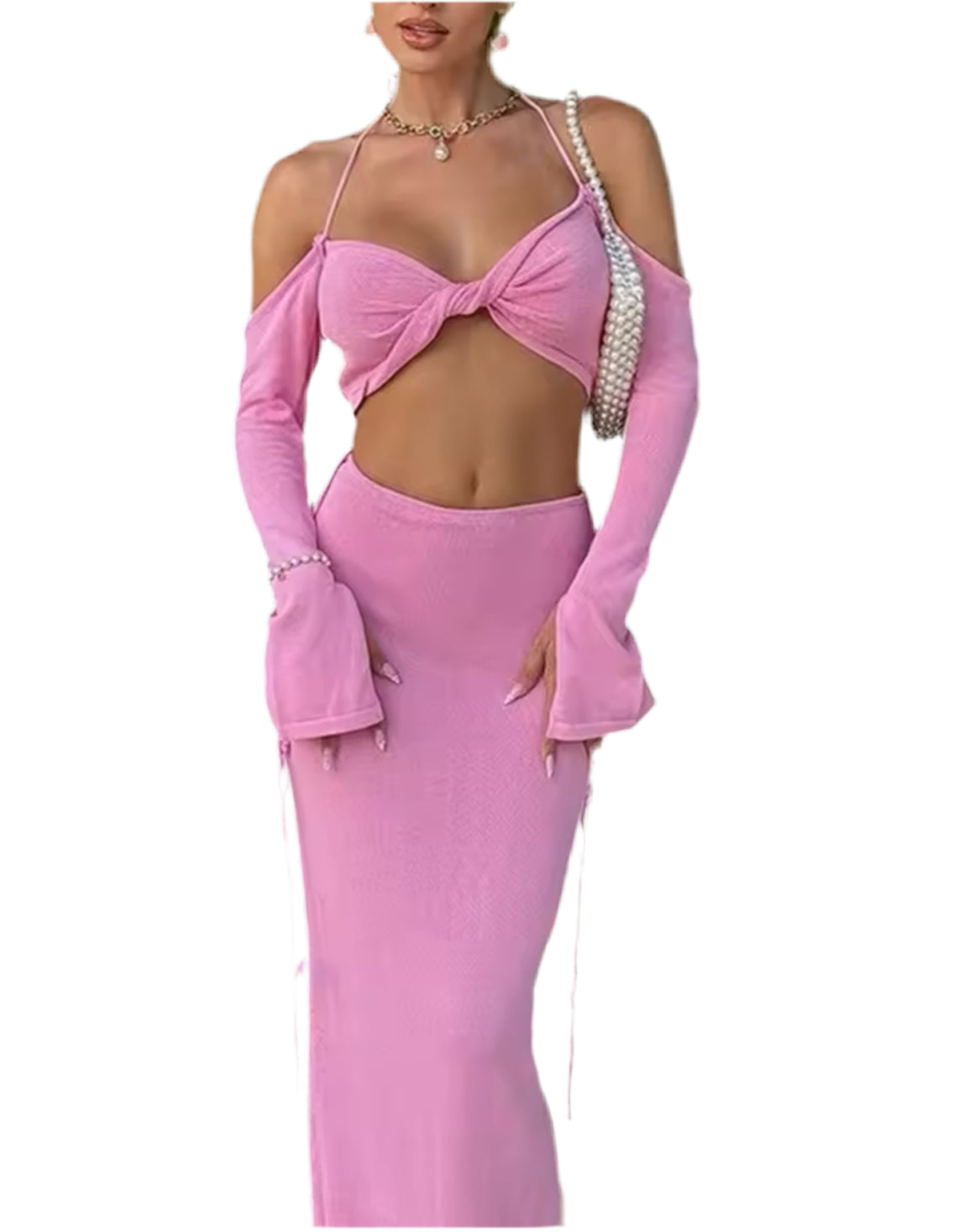 Pink Crop Halter Twist Top & Skirt Set