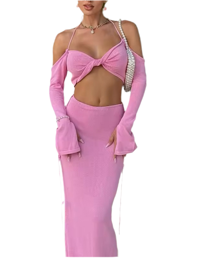 Pink Crop Halter Twist Top & Skirt Set