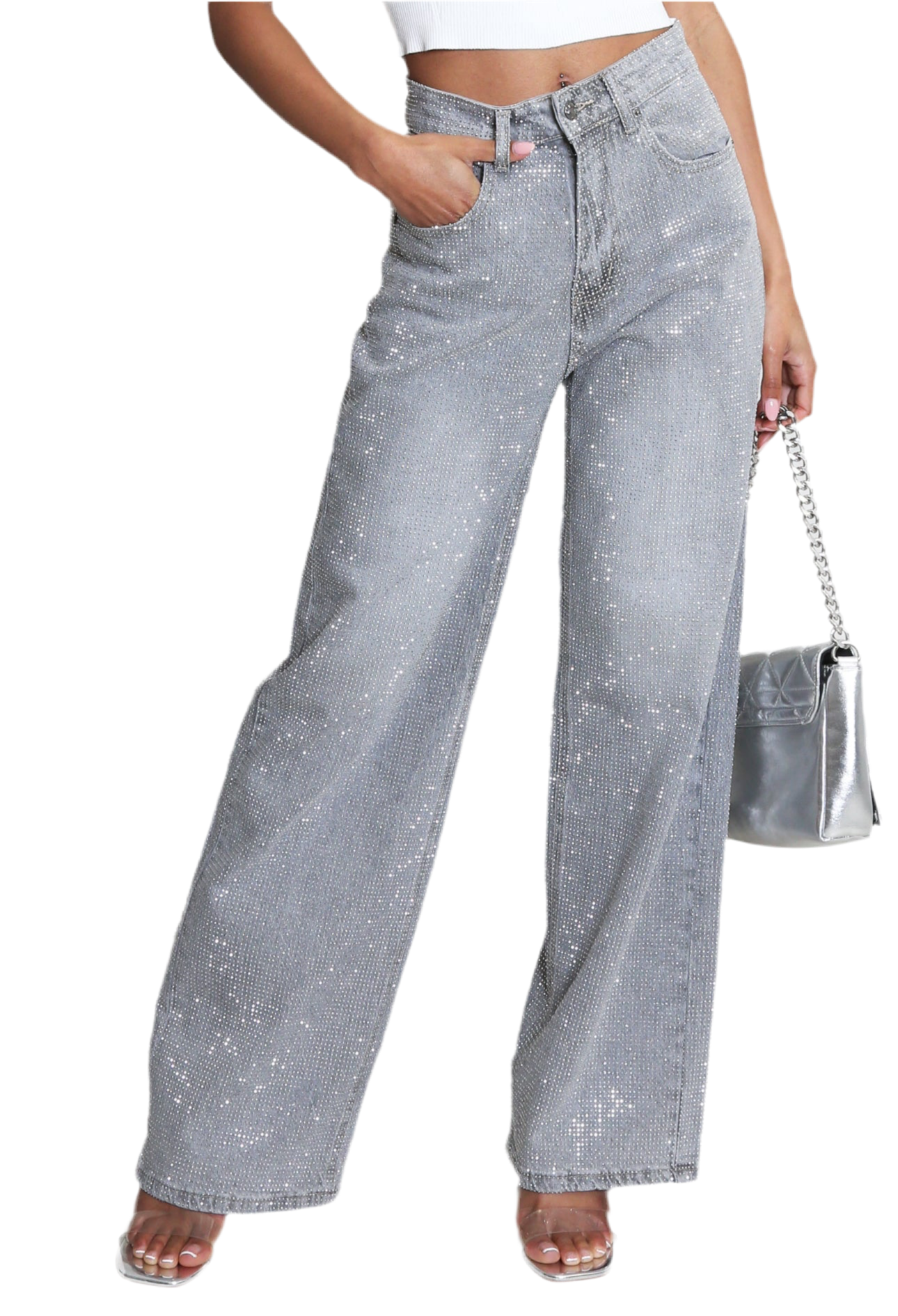 Full Diamante Embellished Wide Fit Jeans