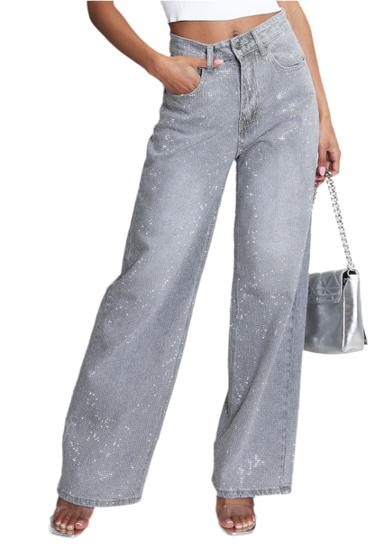 Full Diamante Embellished Wide Fit Jeans