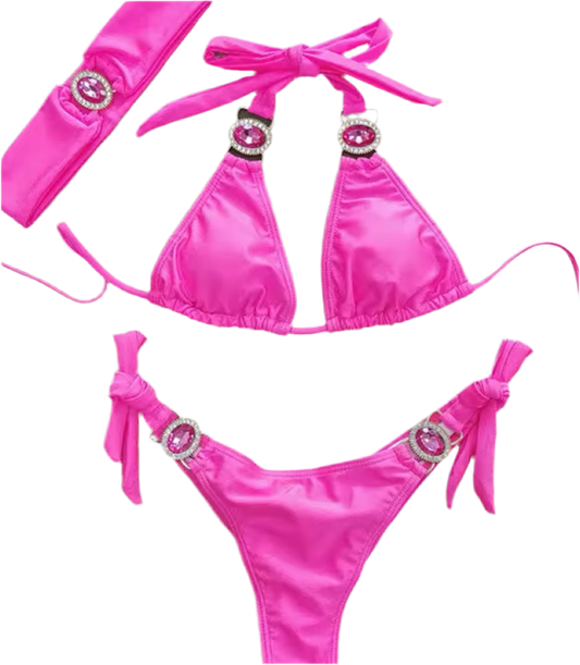 Electric Pink Blossom Bikini & Headband Three piece Set