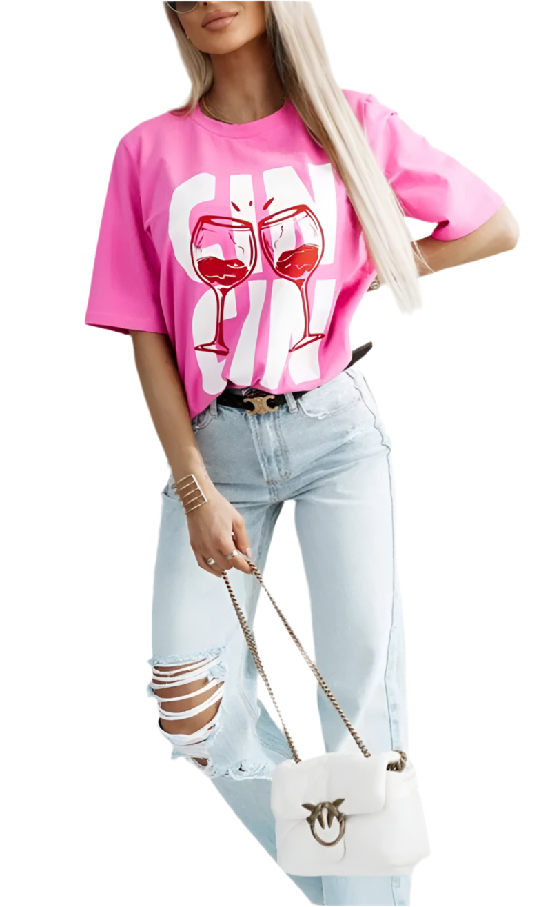 “CIN CIN” Graphic Print T-Shirt Top - PINK