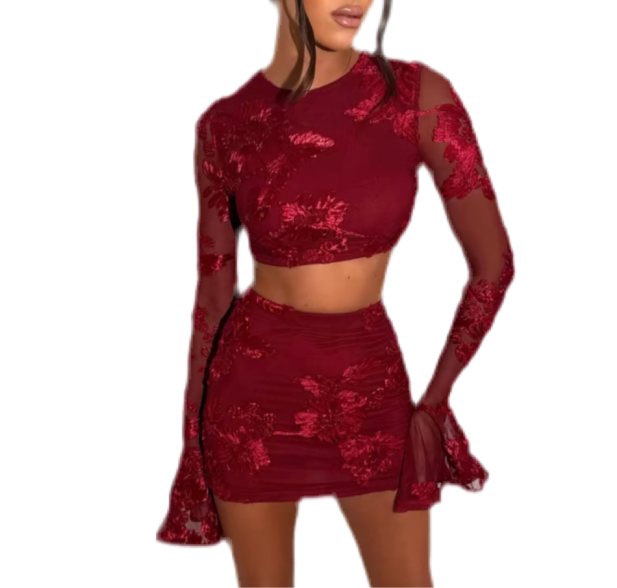 Wine Red Indie Luxe Floral Mesh Sleeve Co ord