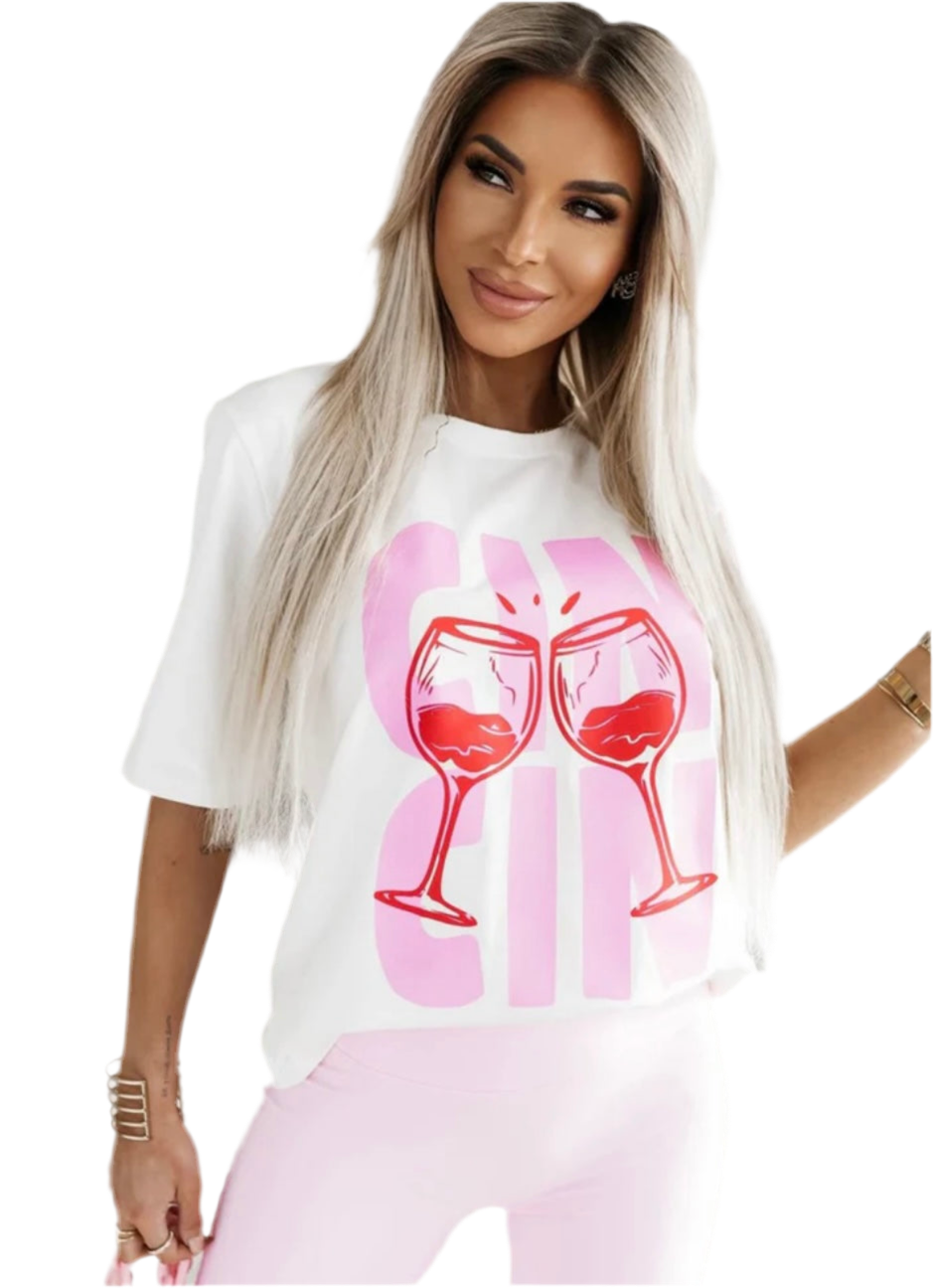 “CIN CIN” Graphic Print T-Shirt Top - IVORY