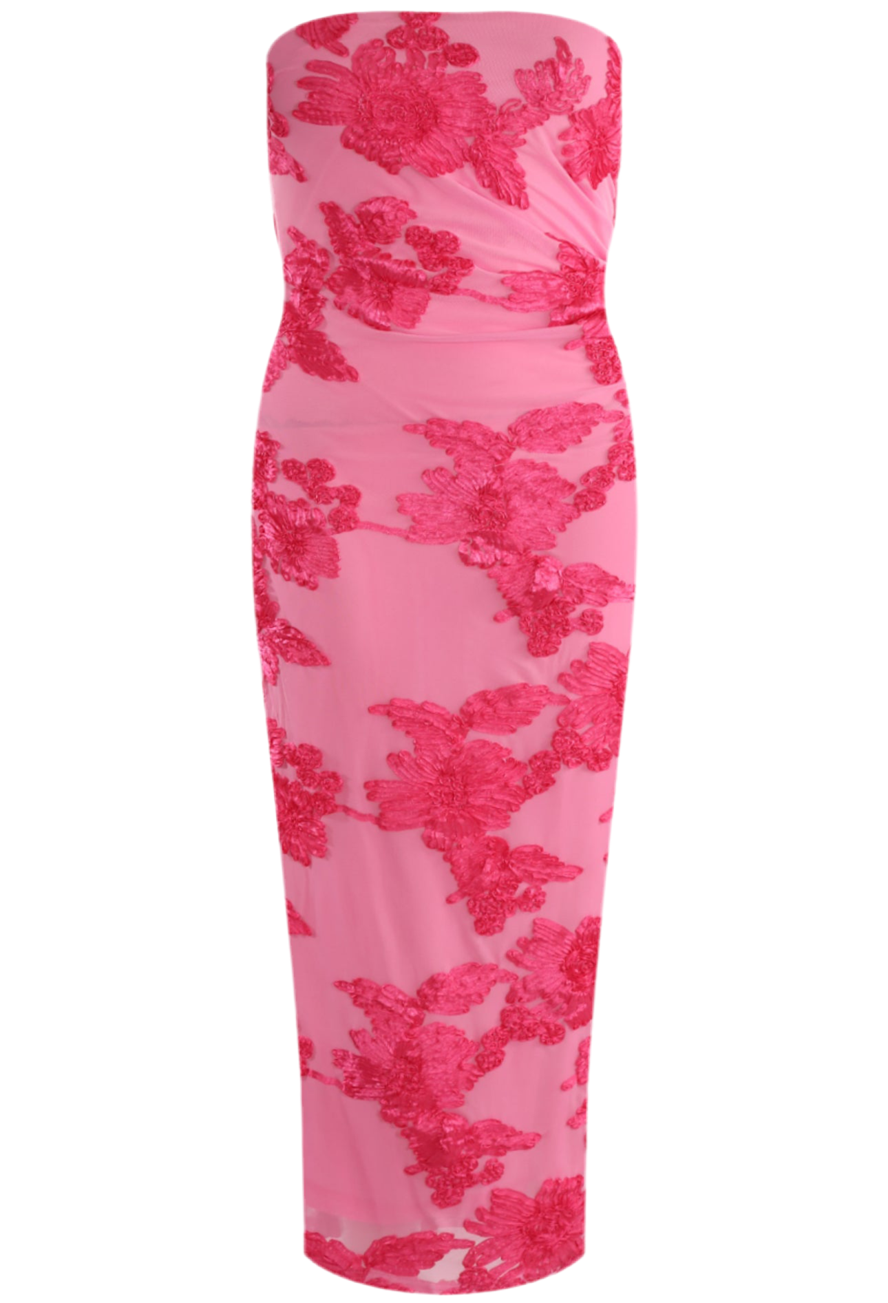 Indie Luxe Bandeau Flower Mesh Sleeve Midi Dress