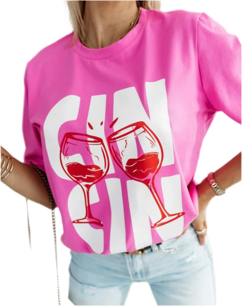 “CIN CIN” Graphic Print T-Shirt Top - PINK