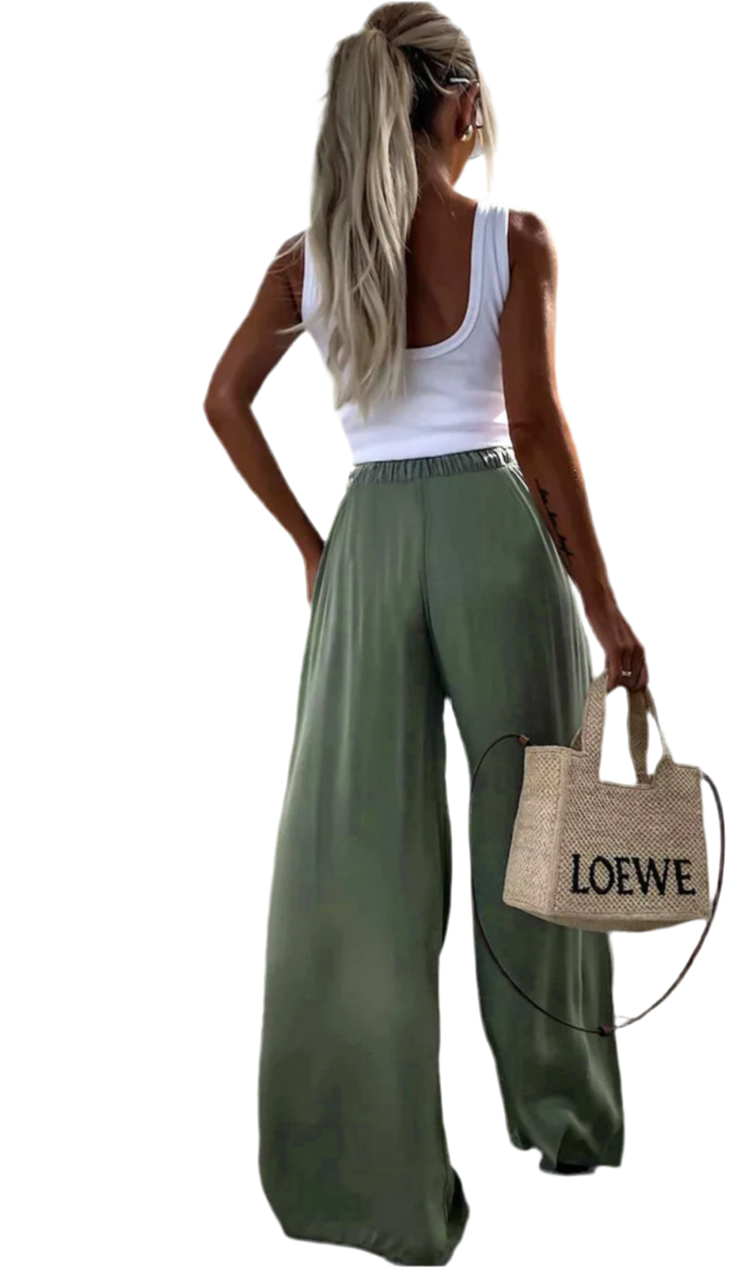 Sienna Satin Wide Leg Trousers - OLIVE