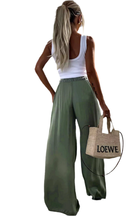 Sienna Satin Wide Leg Trousers - OLIVE