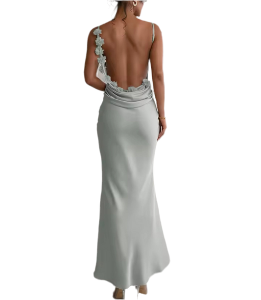 Sage Angelina Satin Flower Back Maxi Dress