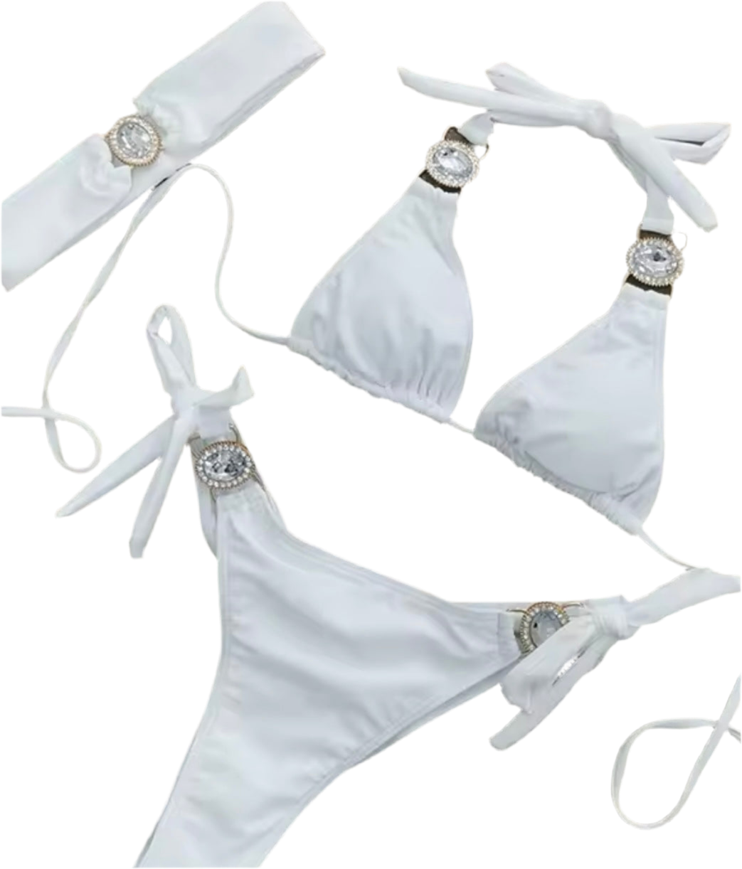 White Blossom Bikini & Headband Three piece Set