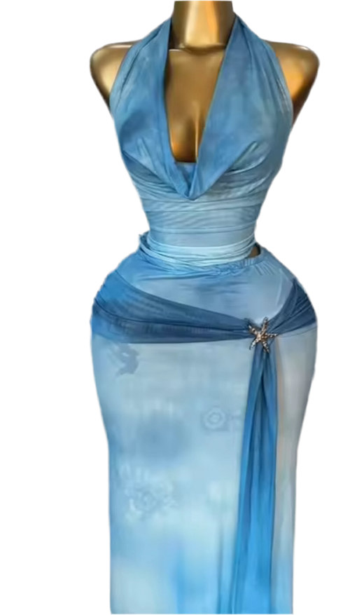 Alima Blue Halter Top & Maxi Skirt Two Piece Set