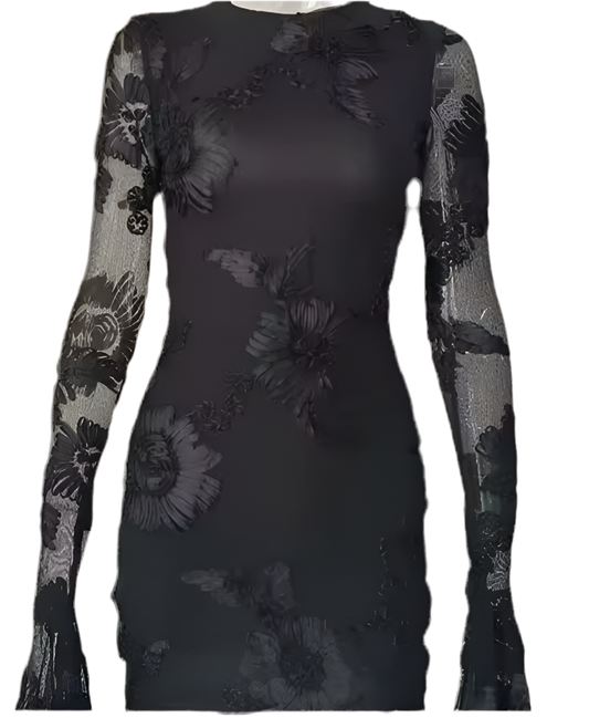 BLACK INDIE LUXE FLORAL MESH SLEEVE DRESS