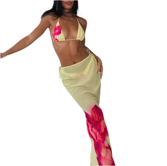 Yellow Sinead Bikini & Mesh Cover up Skirt 3 piece Set