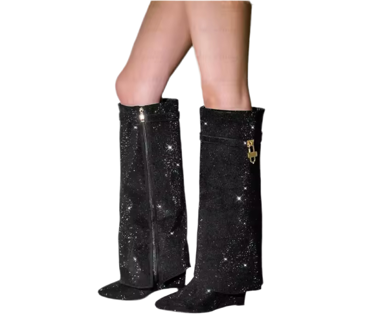 Talia Black Glitter Diamante Lock Fold Over Boots PREORDER