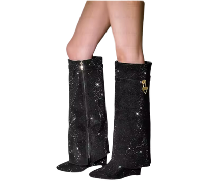 Talia Black Glitter Diamante Lock Fold Over Boots PREORDER