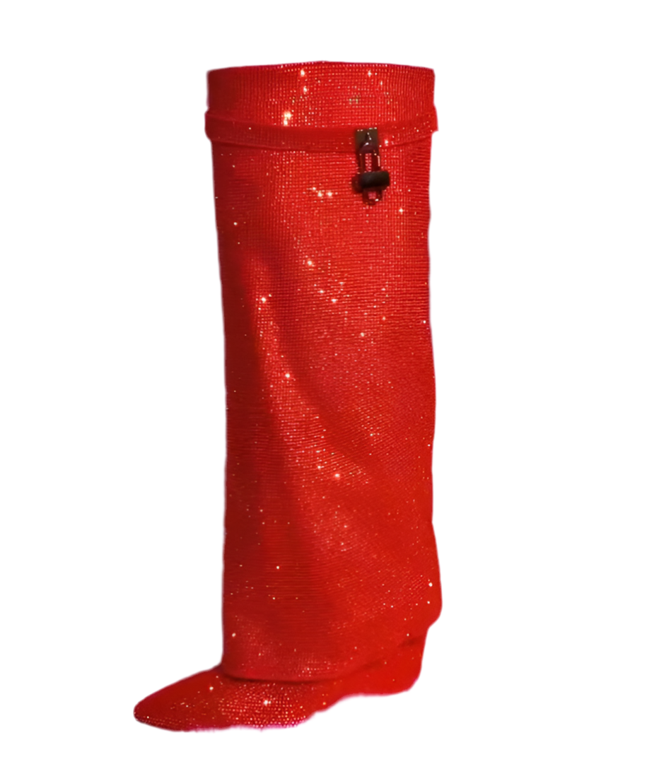 Talia Orange Red Glitter Diamante Lock Fold Over Boots PREORDER