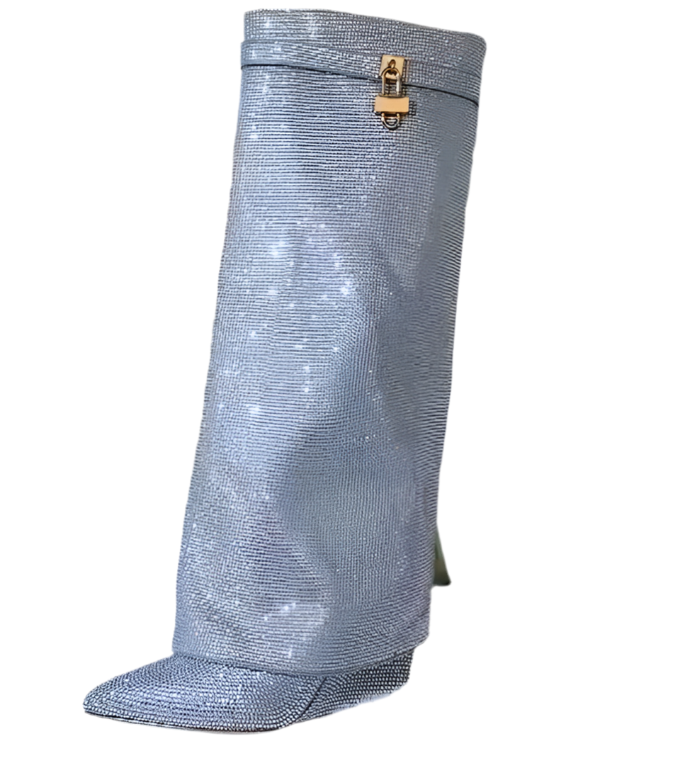 Talia Silver Structured Glitter Diamante Lock Fold Over Boots Handmade PREORDER