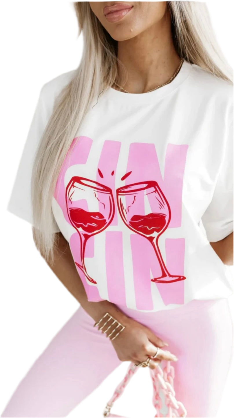 “CIN CIN” Graphic Print T-Shirt Top - IVORY