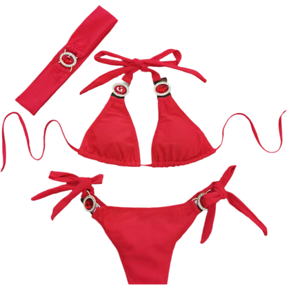 Red Blossom Bikini & Headband Three piece Set