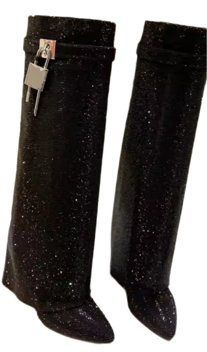 Talia Black Glitter Diamante Lock Fold Over Boots PREORDER