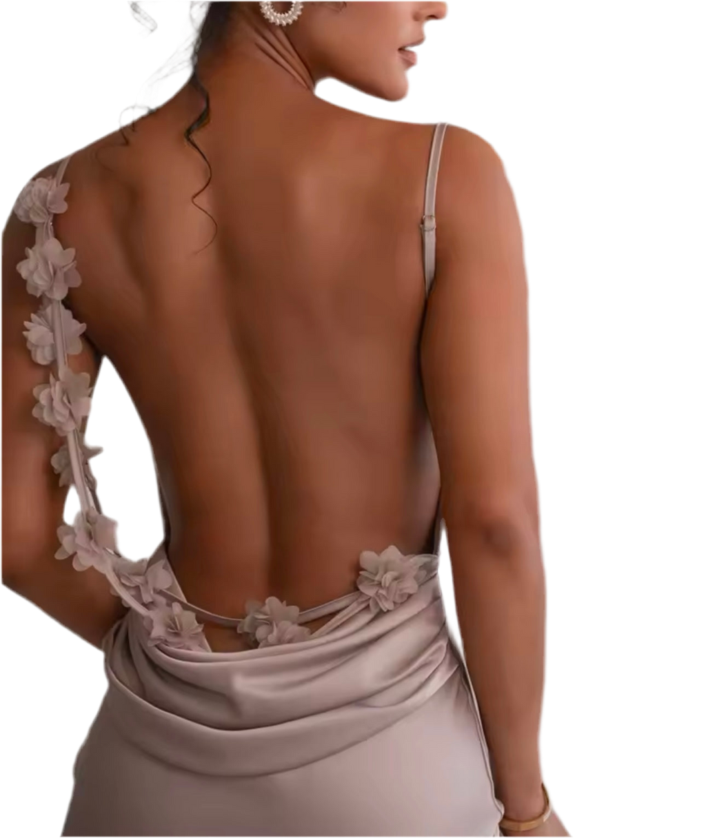 Apricot Angelina Satin Flower Back Maxi Dress