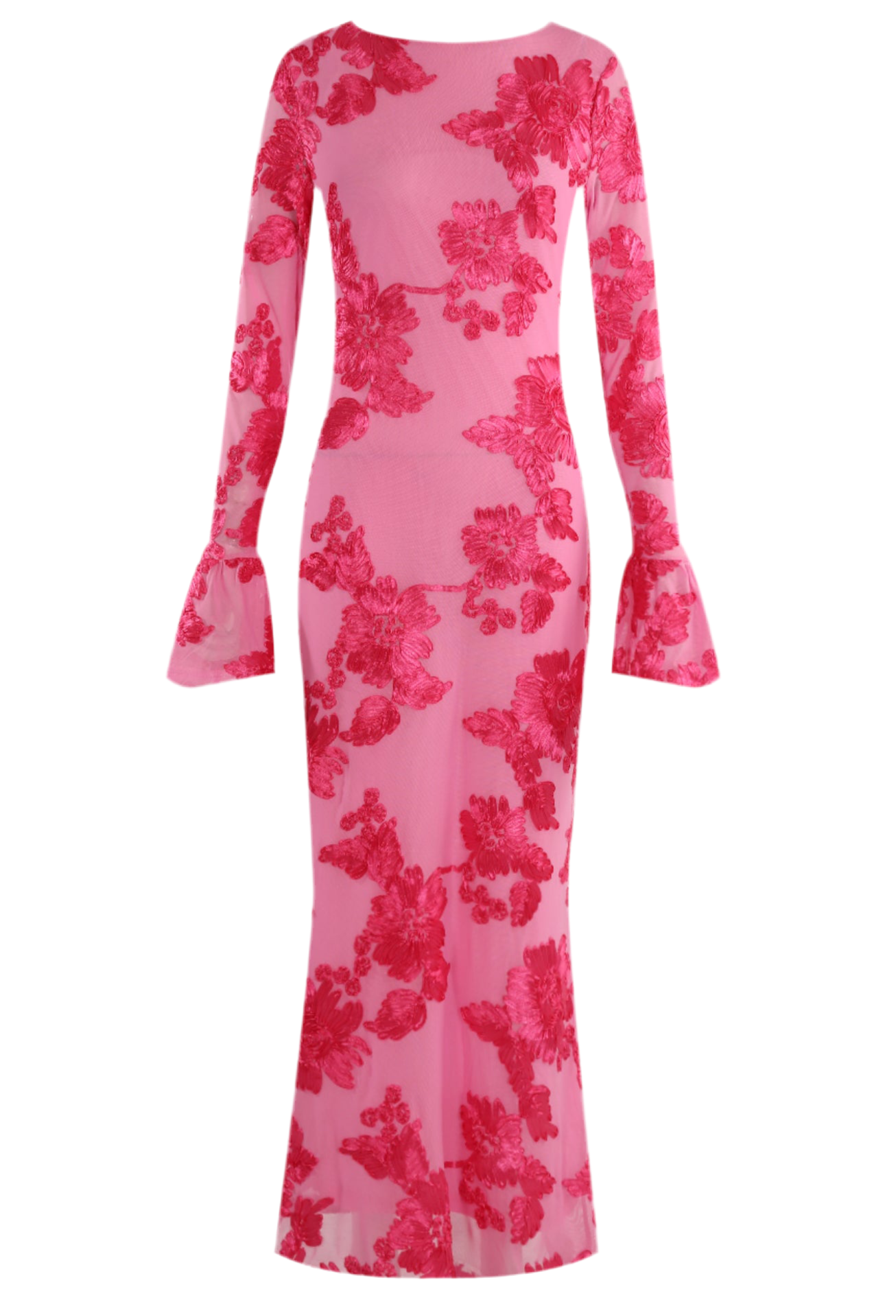 Pink Indie Luxe Flower Mesh Sleeve Maxi Dress