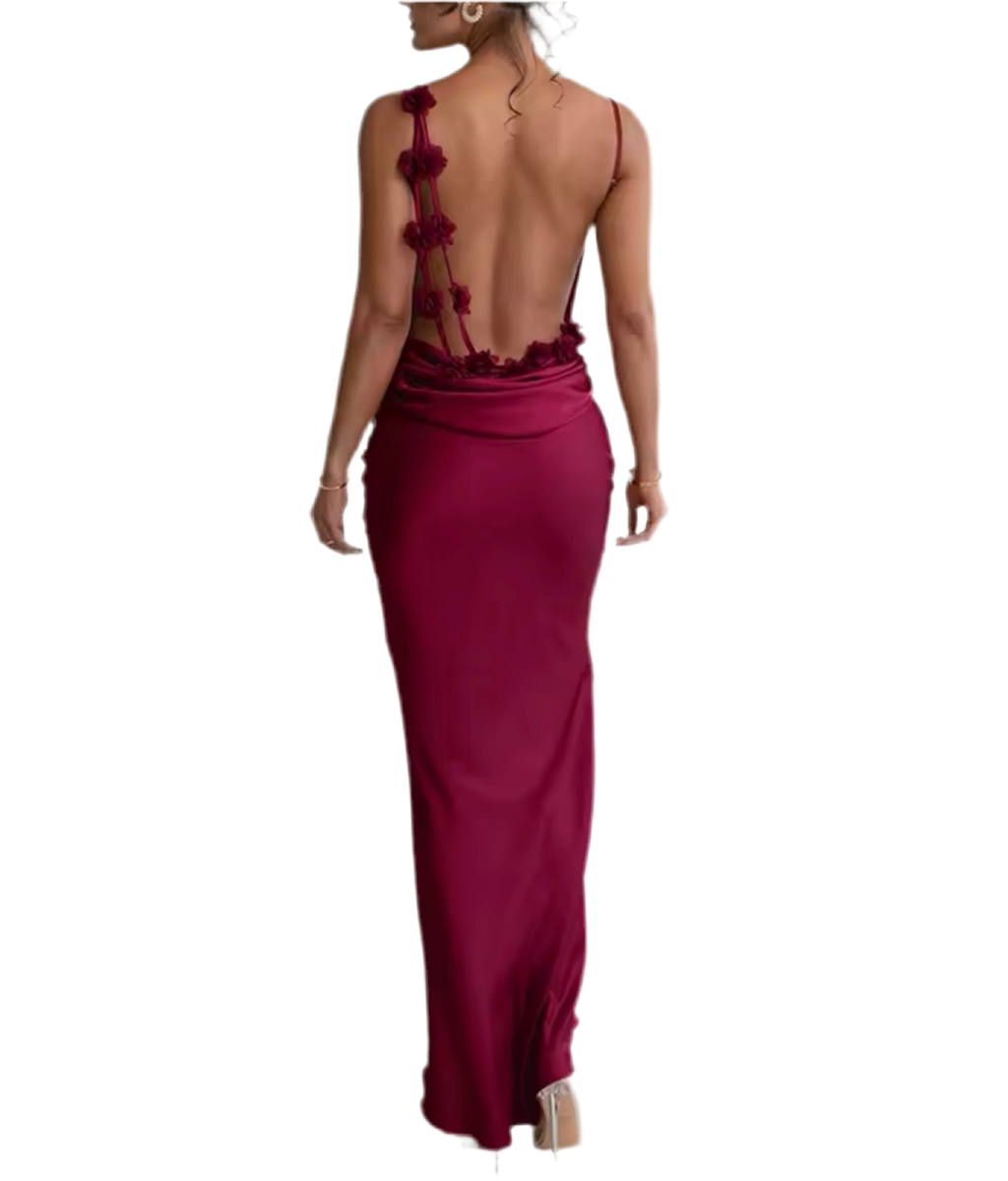 Wine Angelina Satin Flower Back Maxi Dress