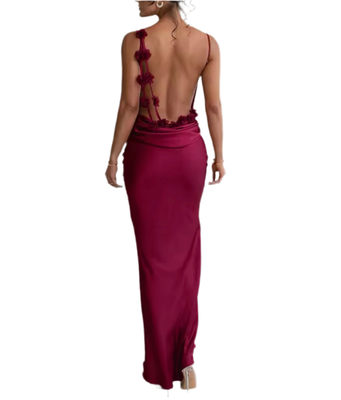 Wine Angelina Satin Flower Back Maxi Dress
