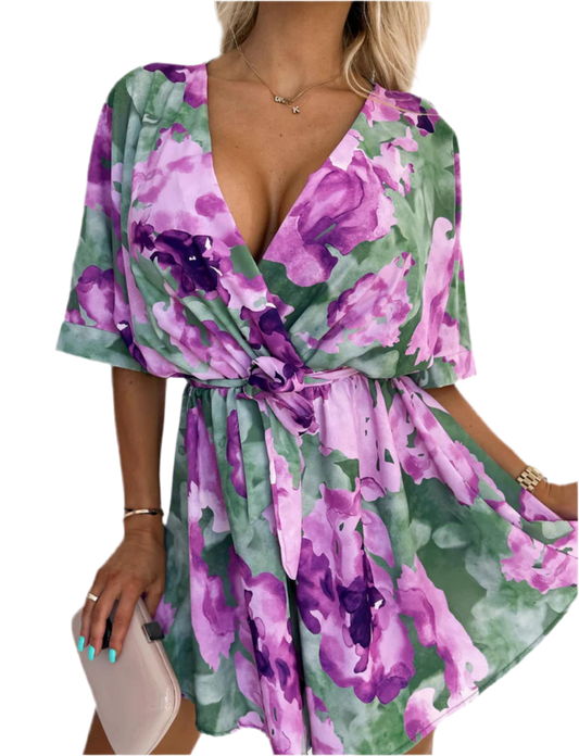 Annabelle Floral Print Mini Wrap Dress - PURPLE