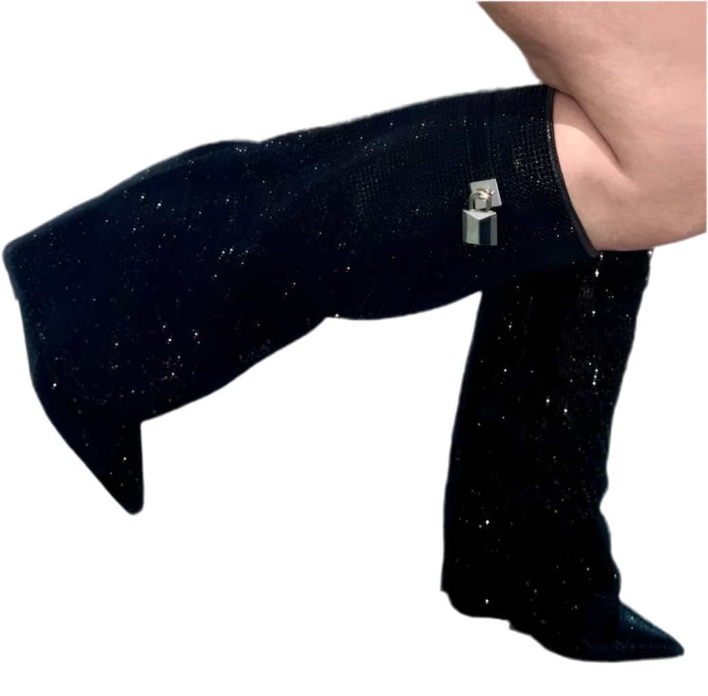Talia Black Glitter Diamante Lock Fold Over Boots