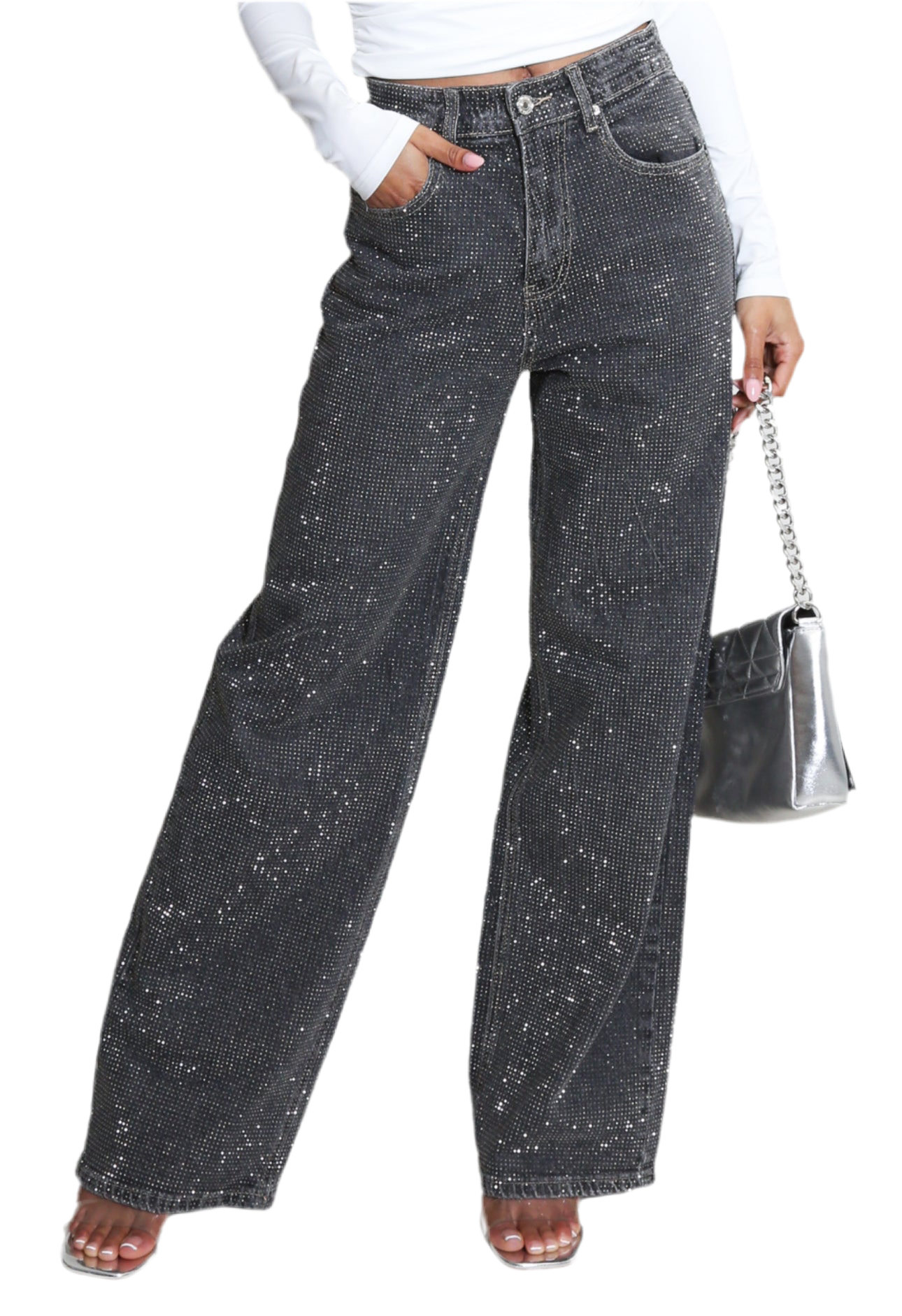 Full Diamante Embellished Wide Fit Jeans