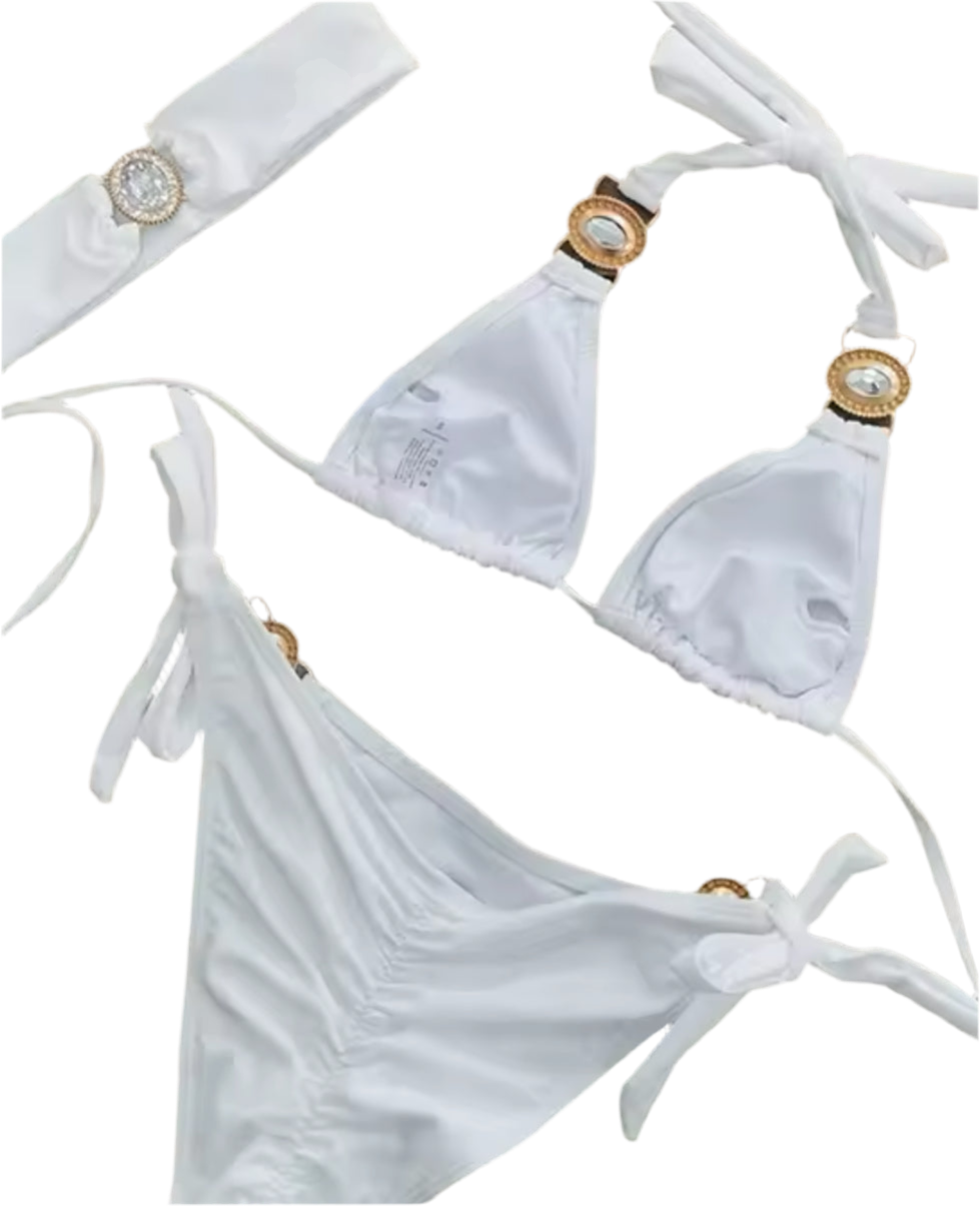 White Blossom Bikini & Headband Three piece Set