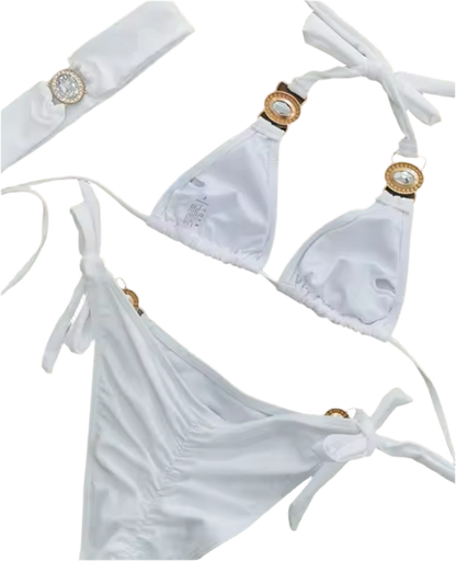 White Blossom Bikini & Headband Three piece Set