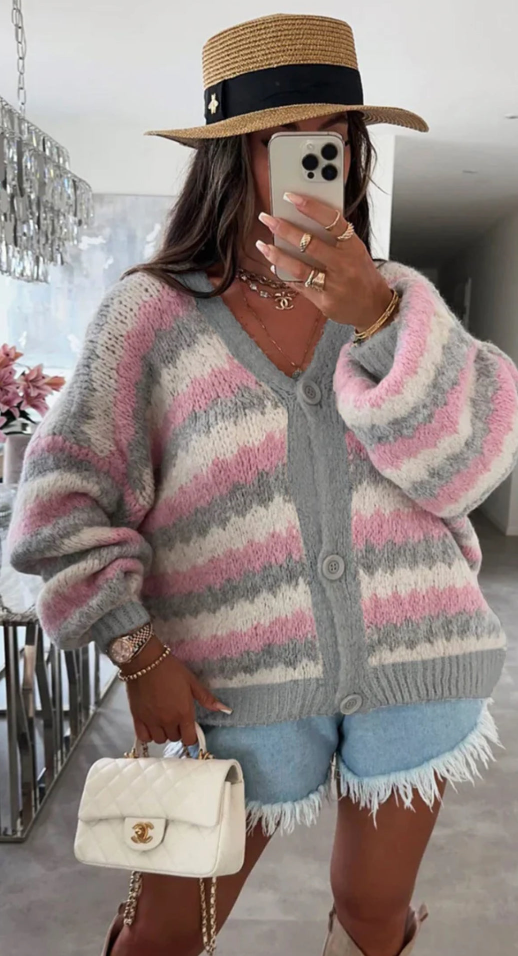 Tamara Contrast Patterned Knitted Cardigan-Grey