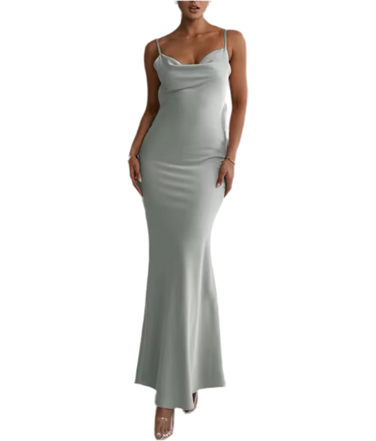 Sage Angelina Satin Flower Back Maxi Dress