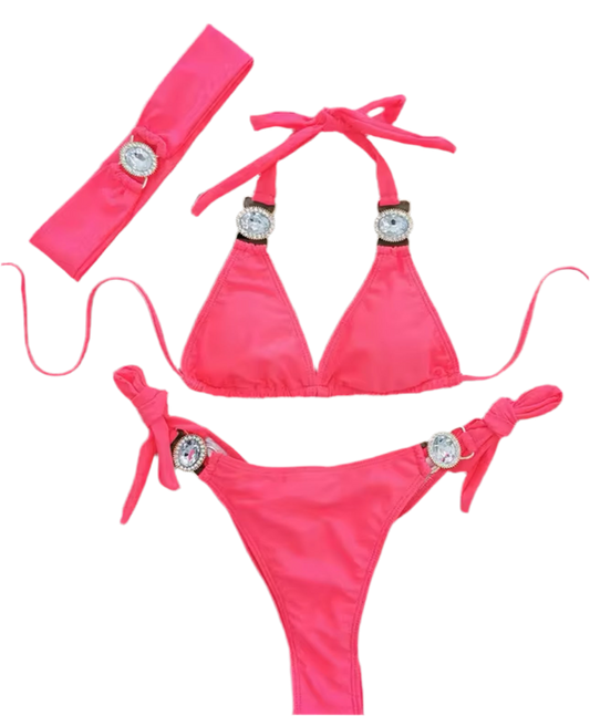 Hot Pink Blossom Bikini & Headband Three piece Set