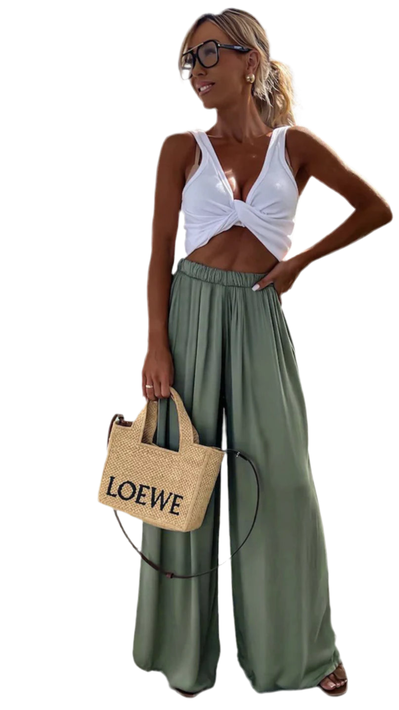 Sienna Satin Wide Leg Trousers - OLIVE