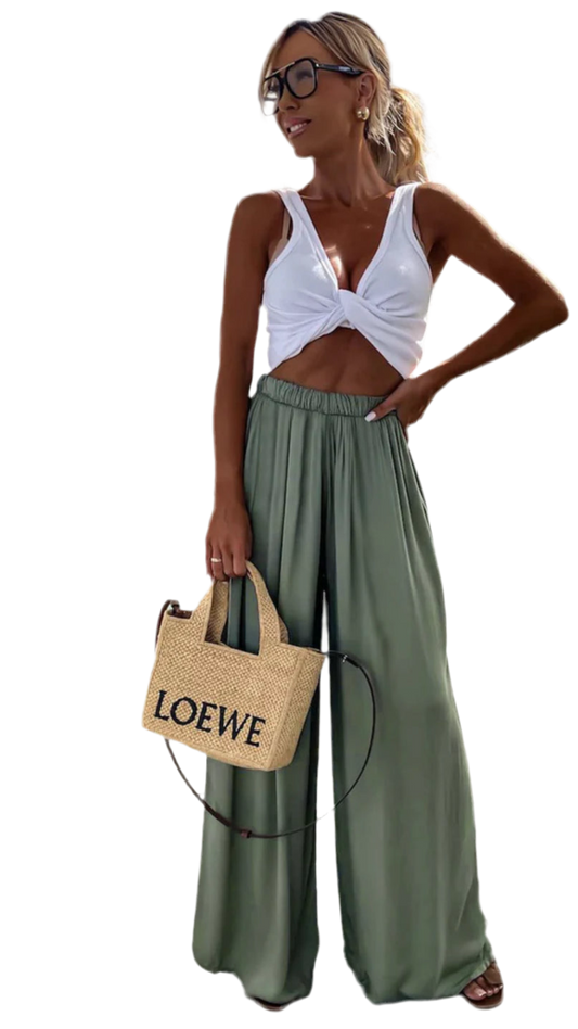 Sienna Satin Wide Leg Trousers - OLIVE